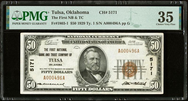 1929 $50 The First National Bank And Trust Company Tulsa, Oklahoma PMG 35 VF