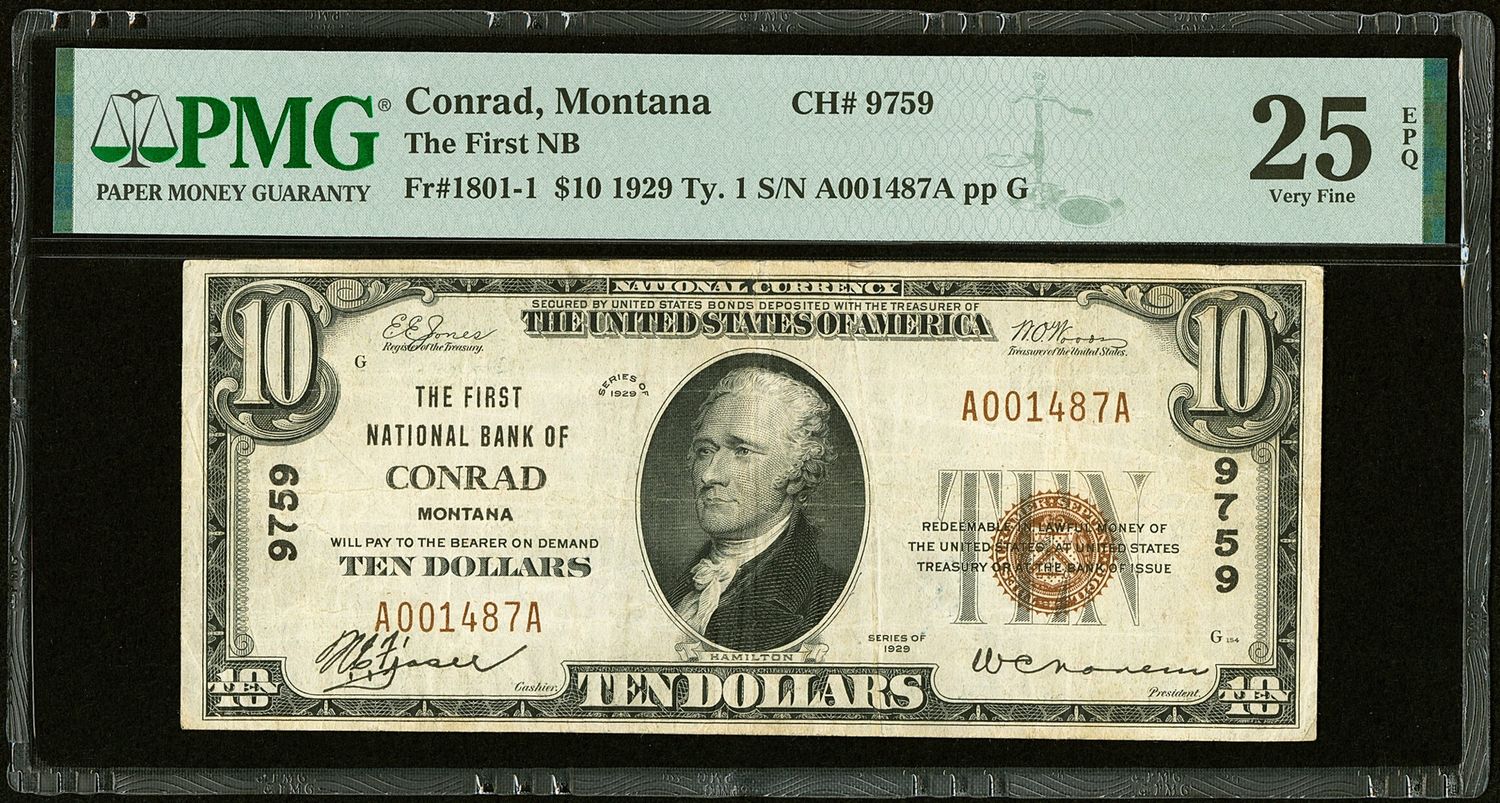 1929 $10 The First National Bank of Conrad, Montana CH. 9759 PMG 25 PMG VF