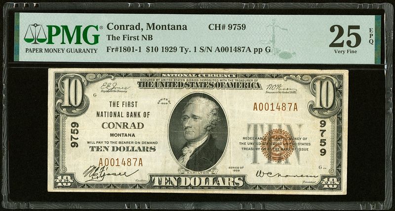 1929 $10 The First National Bank of Conrad, Montana CH. 9759 PMG 25 PMG VF