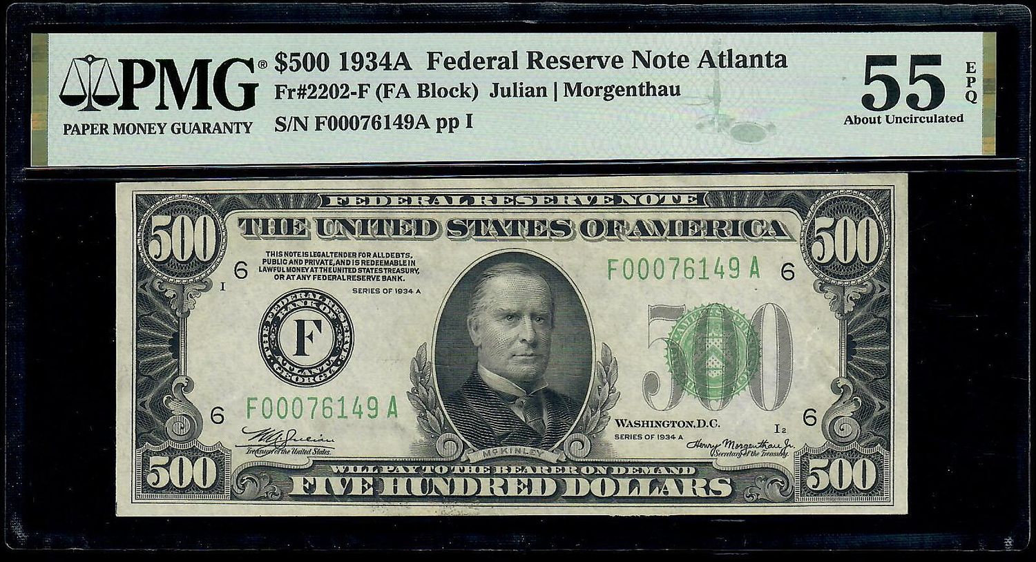 1934A $500 Federal Reserve Note Fr. 2202-F Atlanta PMG 55 About UNC