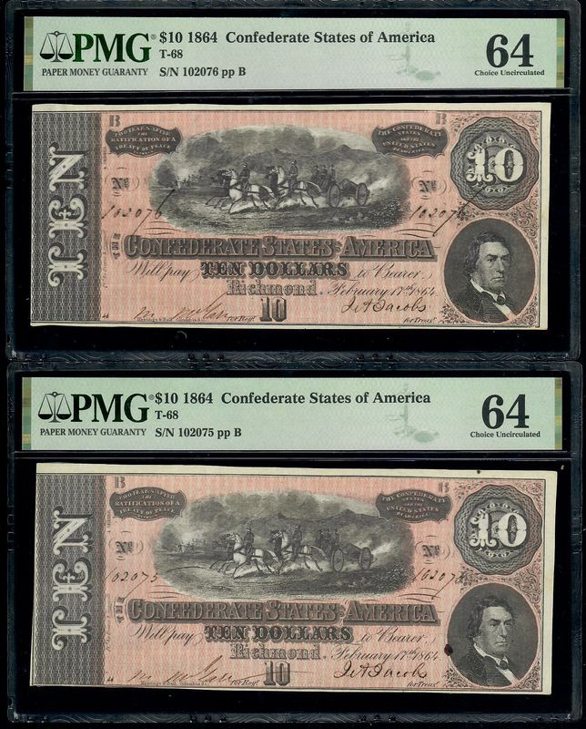 1864 $10 Confederate States of America T-68 Note - PMG 64 - 2 Consecutive Note