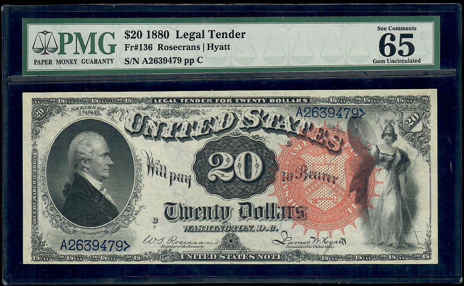 1880 $20 Legal Tender Rosecrans / Hyatt  Fr# 136 PMG 65 EPQ