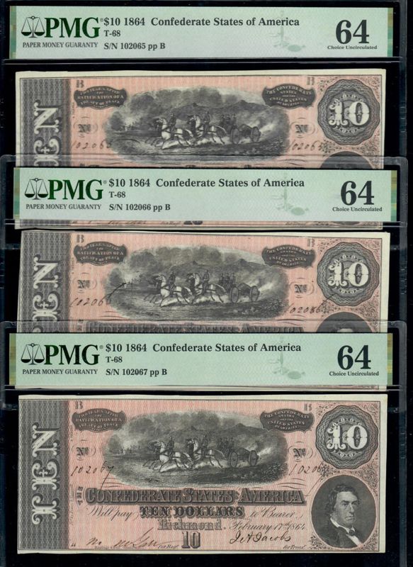 1864 $10 Confederate States of America T-68 Note - PMG 64 - 3 Consecutive Note