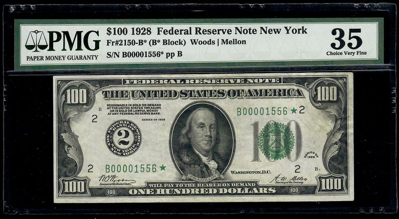 $100 1928 Numeric Star Federal Reserve New York, PMG 35 Very Fine