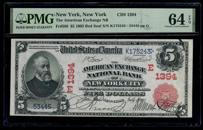 $5 1902 Red Seal National Bank New York ,NY Ch.1394 PMG64 EPQ