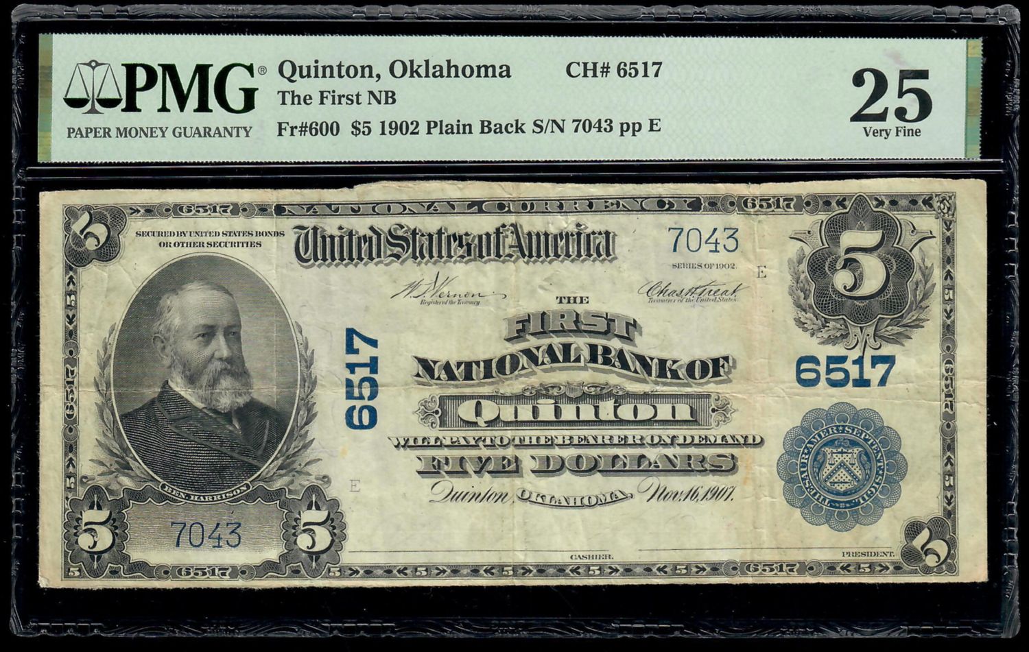 $5 1902 Plain Back the First National Bank Quinton , Oklahoma CH#6517 PMG 25 VF