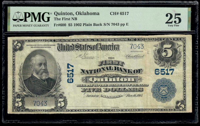 $5 1902 Plain Back the First National Bank Quinton , Oklahoma CH#6517 PMG 25 VF