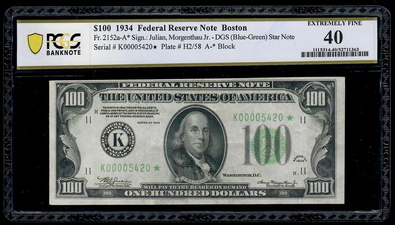 $100 1934 Star Note Federal Reserve Dallas, Texas PMG 40 Extremely Fine