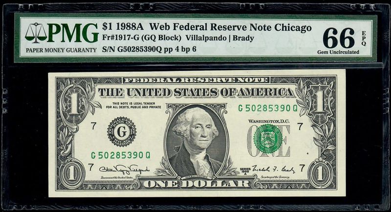 $1 1988A Web Press Federal Reserve Note PMG Gem UNC. 66 EPQ