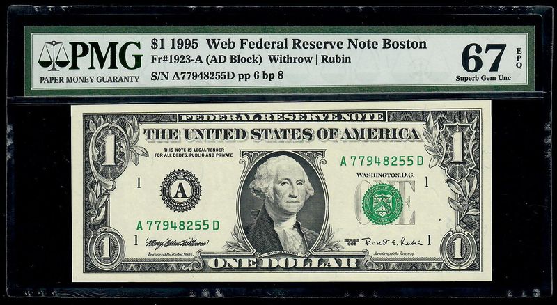 1995A $1 Boston Web Press Note PMG Superb Gem UNC. 67 EPQ