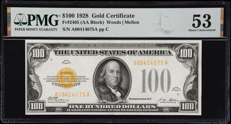$100 1928 Gold Certificate Fr. 2405 AA Block PMG 53 About Uncirculated