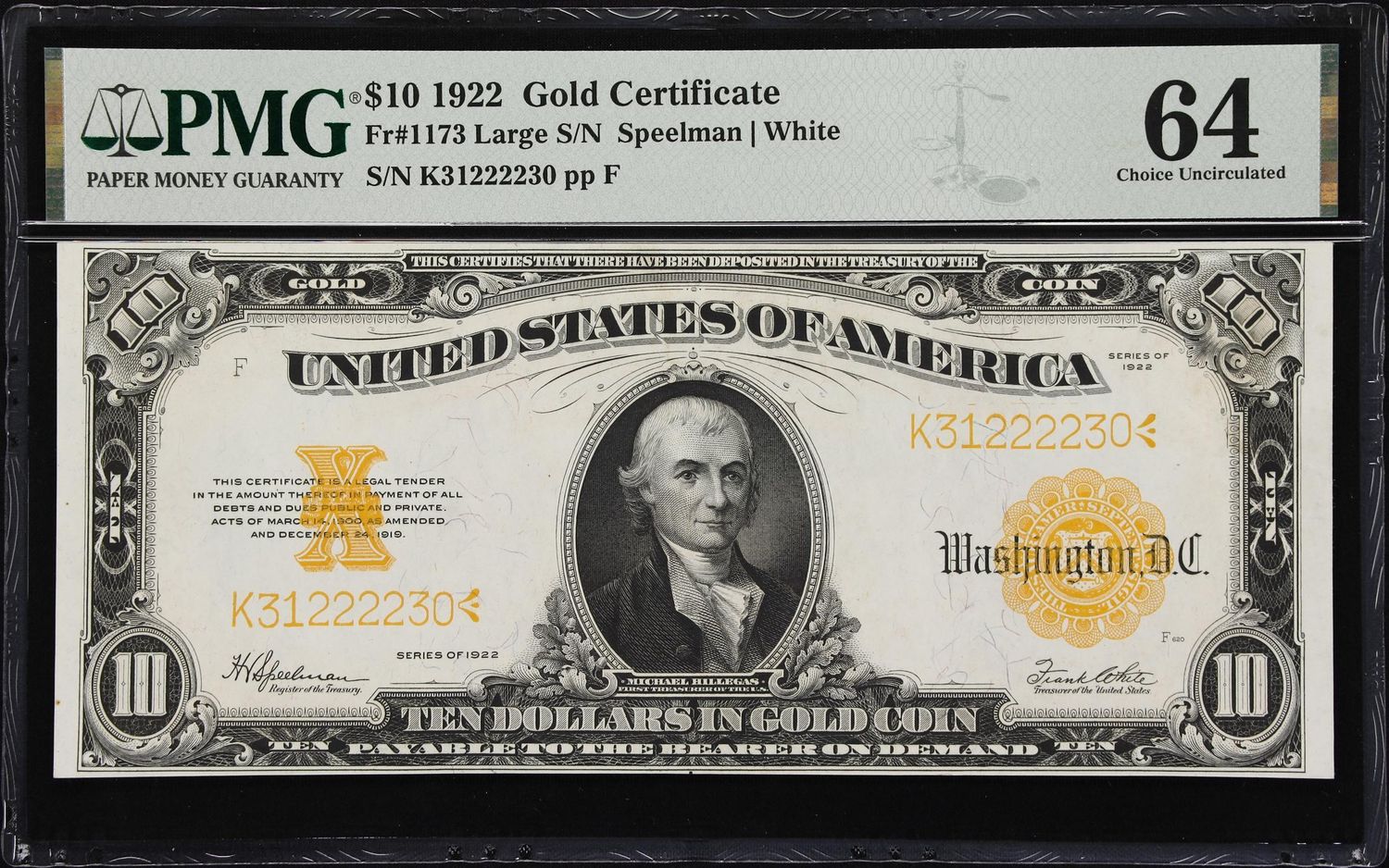 $10 1922  Gold Certificate, Fr # 1173 PMG 64 Uncirculated