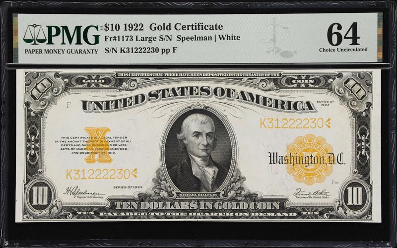 $10 1922  Gold Certificate, Fr # 1173 PMG 64 Uncirculated