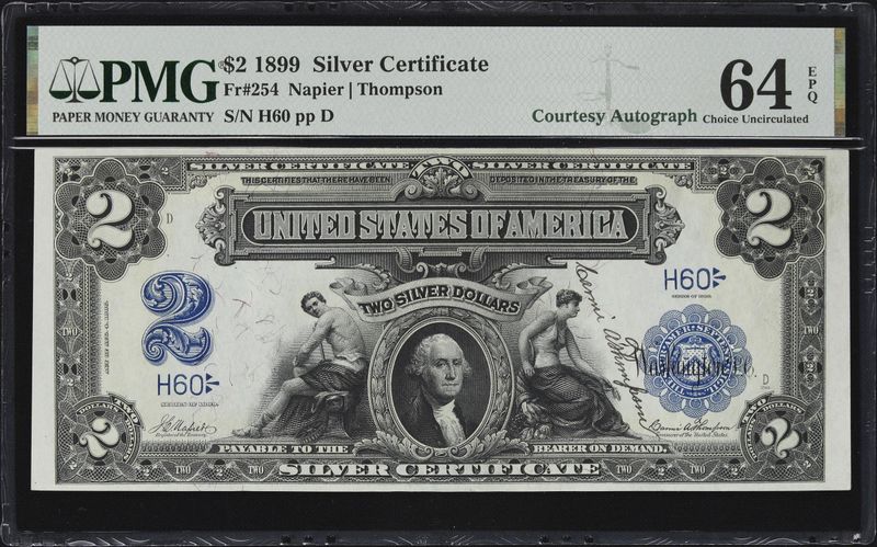 $2 1899 Silver Certificate Mini Porthole S/N # H60 PMG 64 EPQ Courtesy Autograph