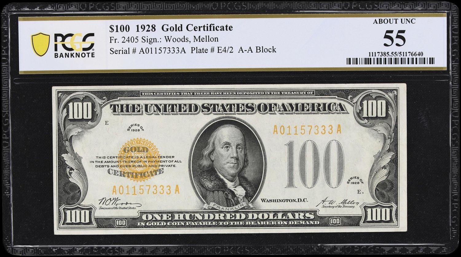 $100 1928 Gold Certificate Fr. 2405 AA Block PCGS 55 About Uncirculated