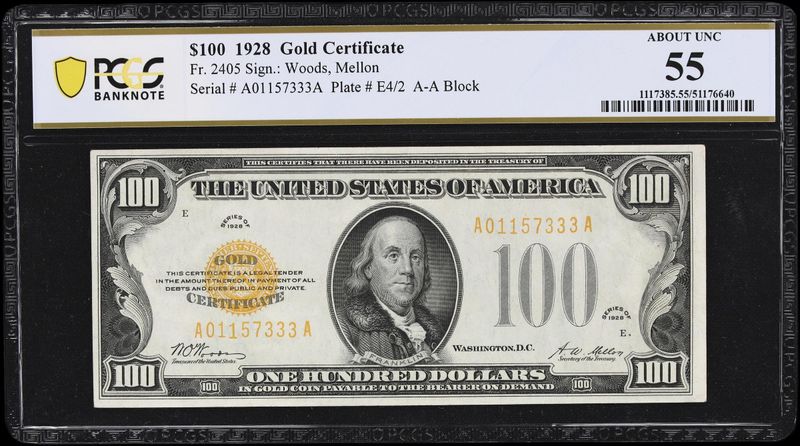 $100 1928 Gold Certificate Fr. 2405 AA Block PCGS 55 About Uncirculated