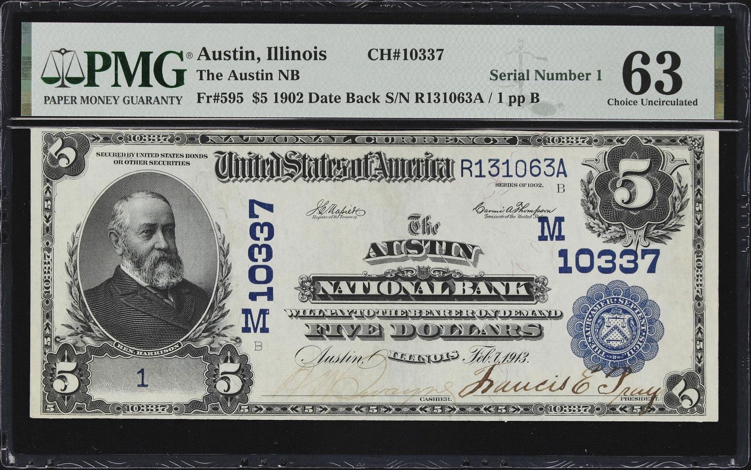 1902 $5 Date Back Fr. 595 National Bank Austin , IL Ch#10337 PMG 63 Serial # 1