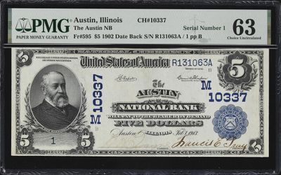 1902 $5 Date Back Fr. 595 National Bank Austin , IL Ch#10337 PMG 63 Serial # 1