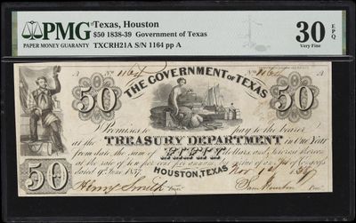 1838 $50 Houston, Texas. Government of Texas. PMG 30 EPQ Sam Houston autograph