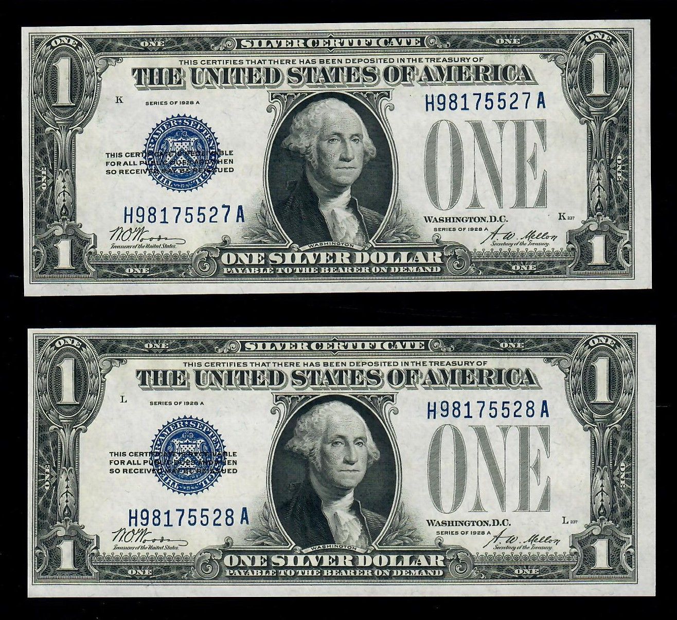 1928A $1 Silver Certificate 2 Consecutive Serial Number Funny Back UNC