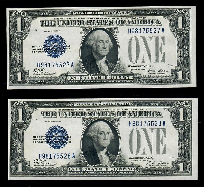 1928A $1 Silver Certificate 2 Consecutive Serial Number Funny Back UNC