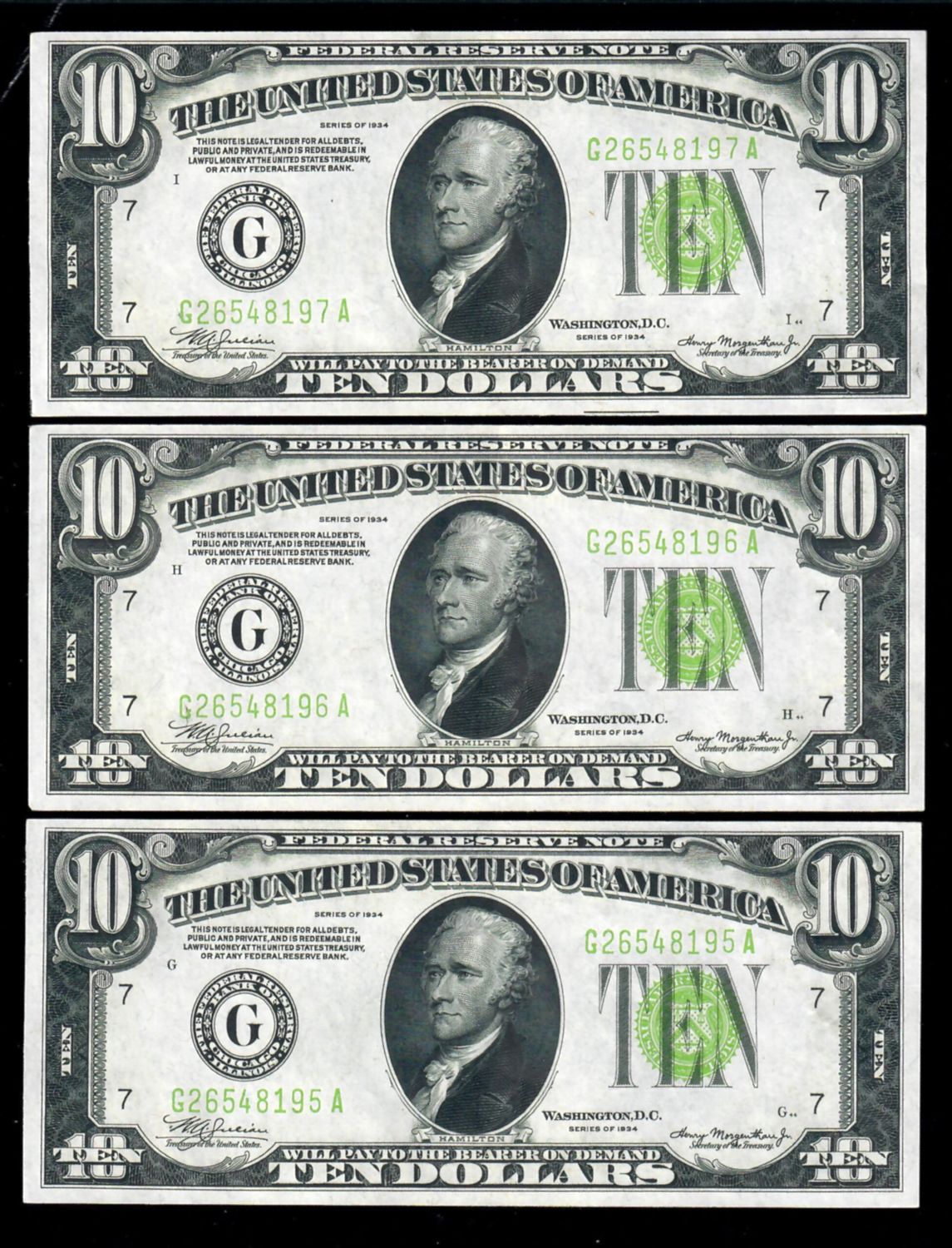 Lot of 3 Consecutive 1934 $10 Federal Reserve Note Chicago Fr. 2004-G  UNC