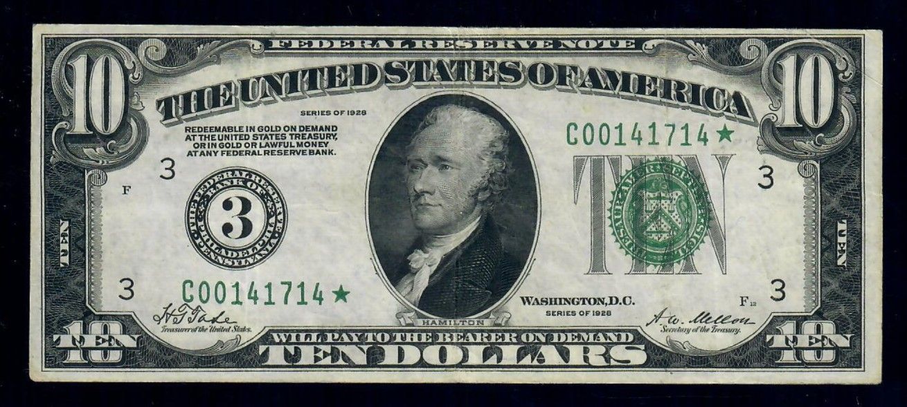 1928 $10 Numerical Federal Reserve Note Philadelphia Star note Fr.2000-C VF