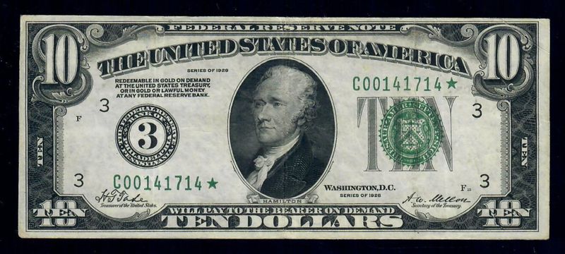 1928 $10 Numerical Federal Reserve Note Philadelphia Star note Fr.2000-C VF