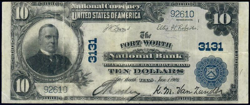 1902 $10 The Fort Wirth National Bank Forth Worth, Tx Ch# 3131  Very Fine