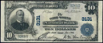 1902 $10 The Fort Wirth National Bank Forth Worth, Tx Ch# 3131  Very Fine
