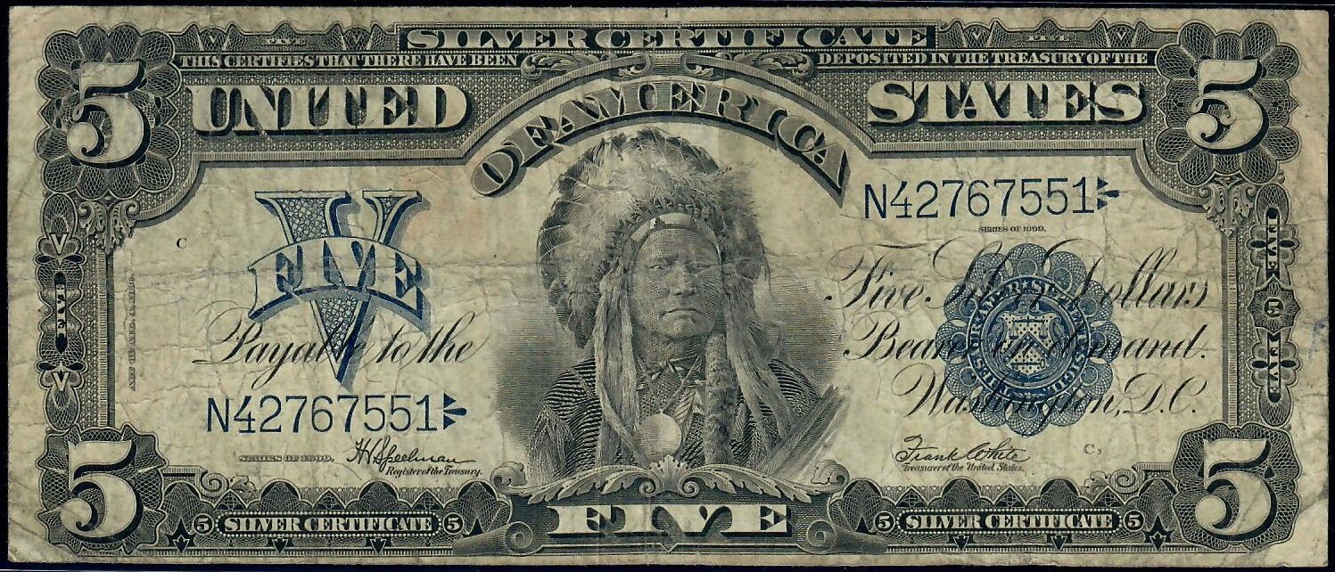 1899 $5  Silver Certificate Indian chief Fr.281m MULE Note VF