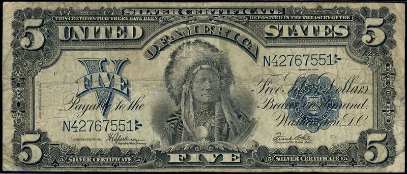 1899 $5  Silver Certificate Indian chief Fr.281m MULE Note VF