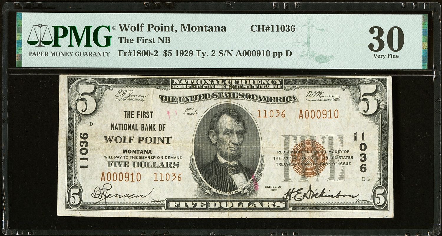 1929 $5 The First National Bank Wolf Point , Montana CH. 11036 PMG 30
