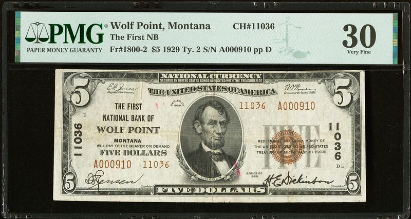 1929 $5 The First National Bank Wolf Point , Montana CH. 11036 PMG 30