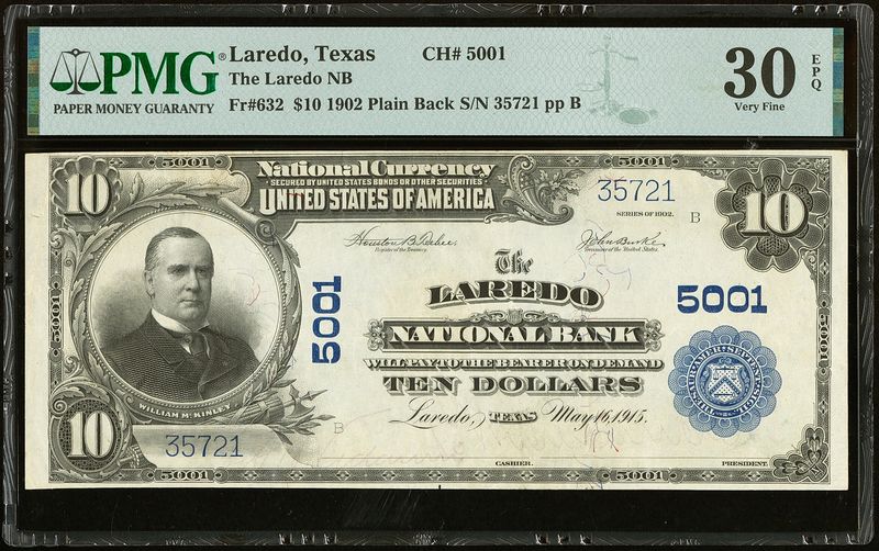 $10 1902 Plain Back the Laredo National Bank Laredo, TX CH#5001 PMG 30 EPQ