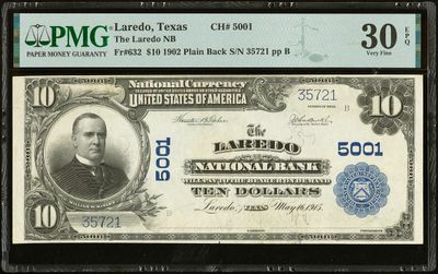 $10 1902 Plain Back the Laredo National Bank Laredo, TX CH#5001 PMG 30 EPQ