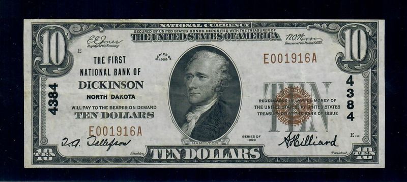 1929 $10 The First National Bank of Dickinson, ND  CH # 4384 VF