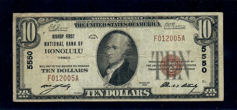 1929 $10 Bishop First National Bank of HONOLULU, HAWAII- CH. 5550  Very Fine
