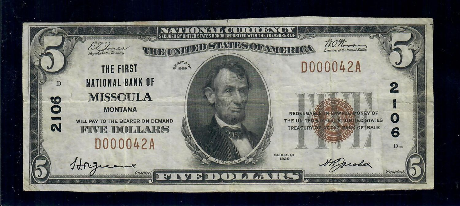 1929 $5 The First National Bank of Missoula, Montana CH. 2106  Very Fine