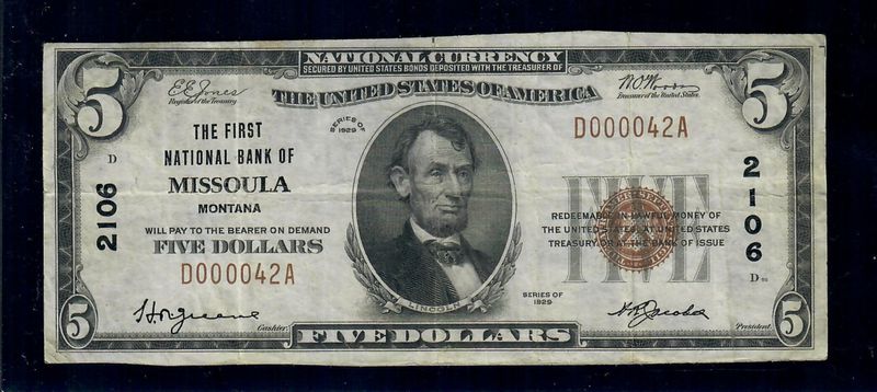 1929 $5 The First National Bank of Missoula, Montana CH. 2106  Very Fine