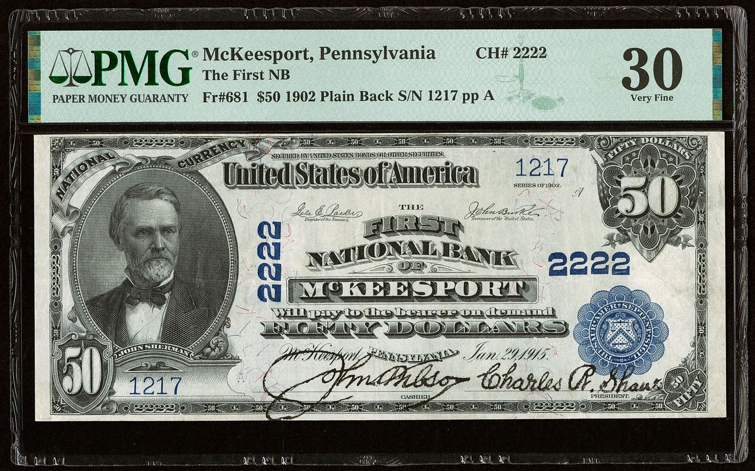 1902 $50 FIRST NB OF MCKEESPORT ,PA * Ch. 2222 PMG 30 VF