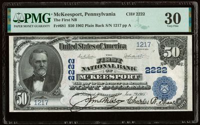 1902 $50 FIRST NB OF MCKEESPORT ,PA * Ch. 2222 PMG 30 VF