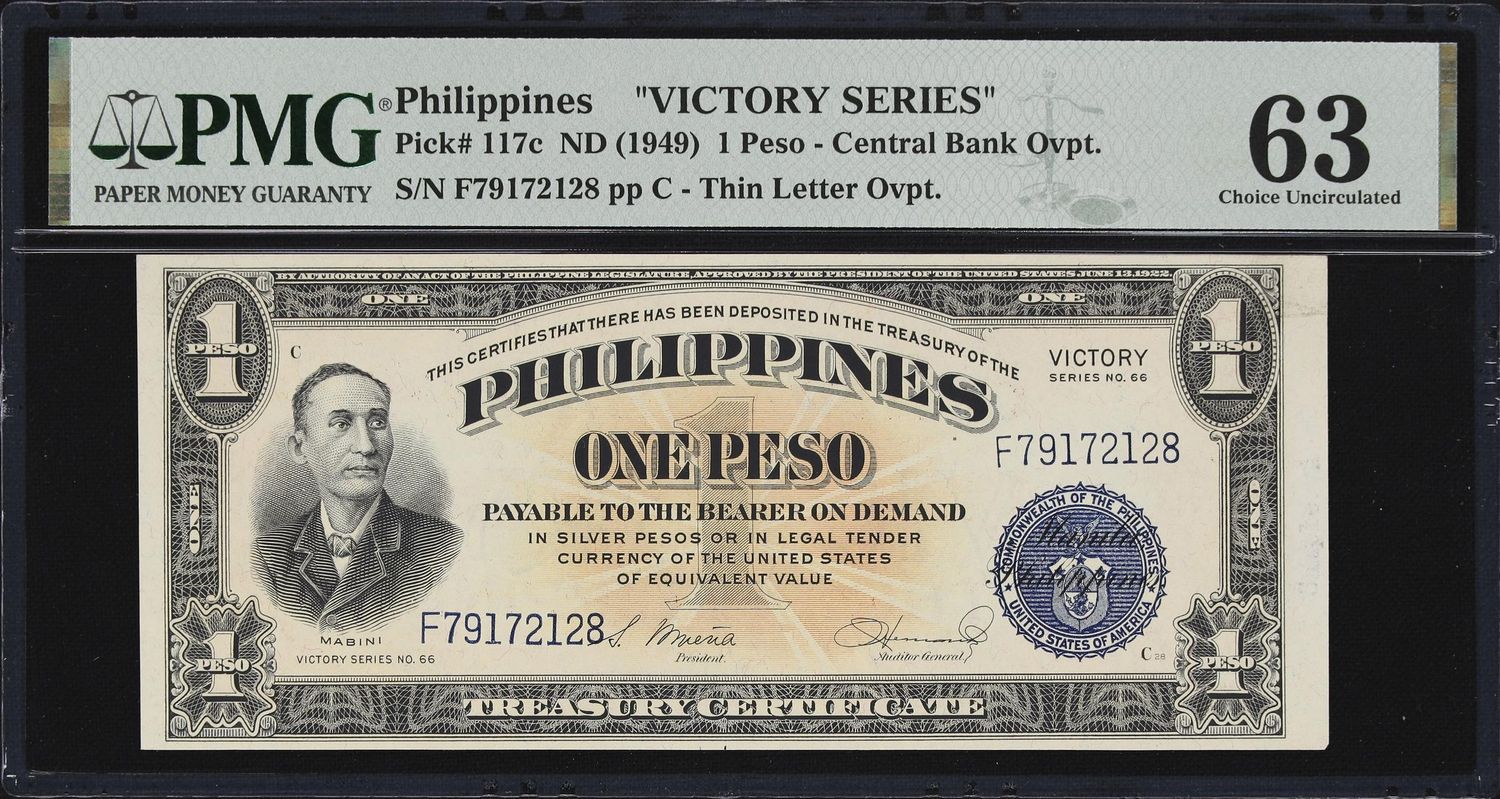 1944 1 Peso Philippines Victory Series Treasury PMG Uncirculated 63