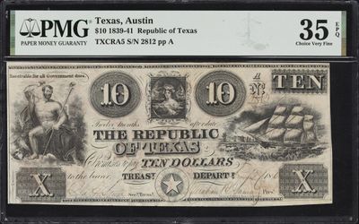 1839-41 $10.Austin, Texas. Republic of Texas.  PMG Choice Very Fine 35 EPQ. 1839-41 $10.Austin, Texas. Republic of Texas.  PMG Choice Very Fine 35 EPQ.