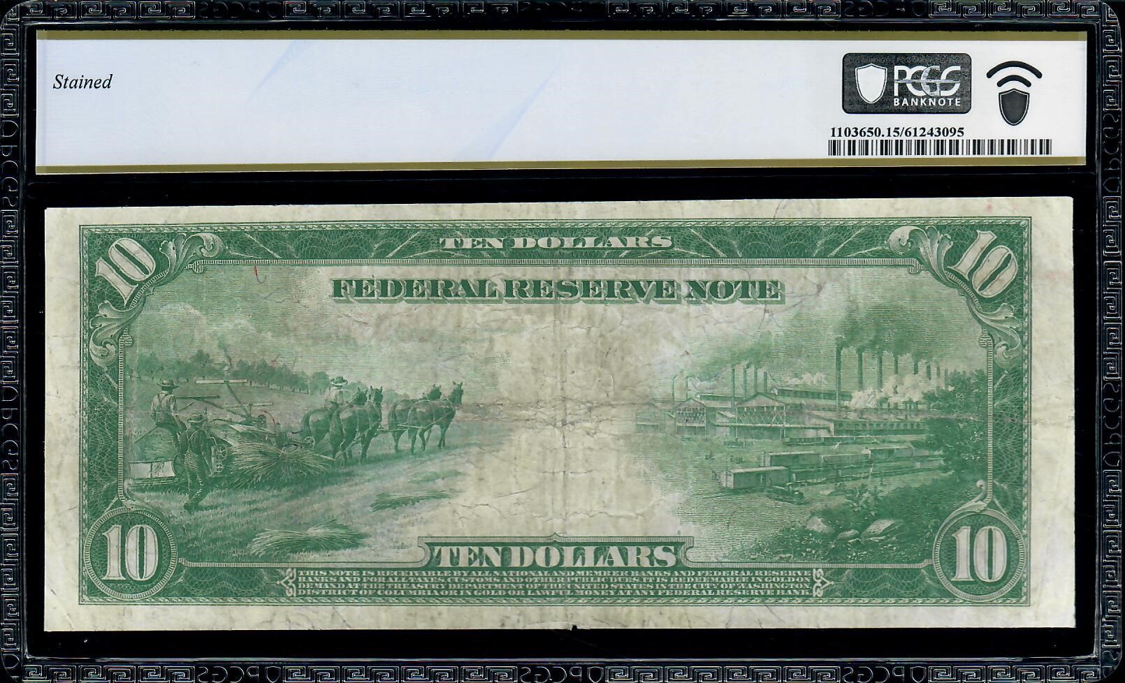 1914 $10 Red Seal - Federal Reserve Note Kansas City - PCGS Fine 15