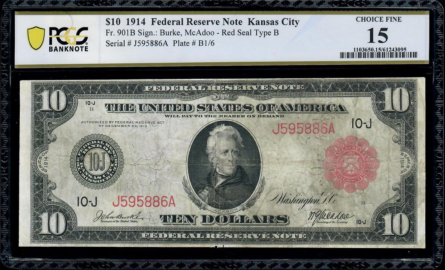 1914 $10 Red Seal - Federal Reserve Note Kansas City - PCGS Fine 15