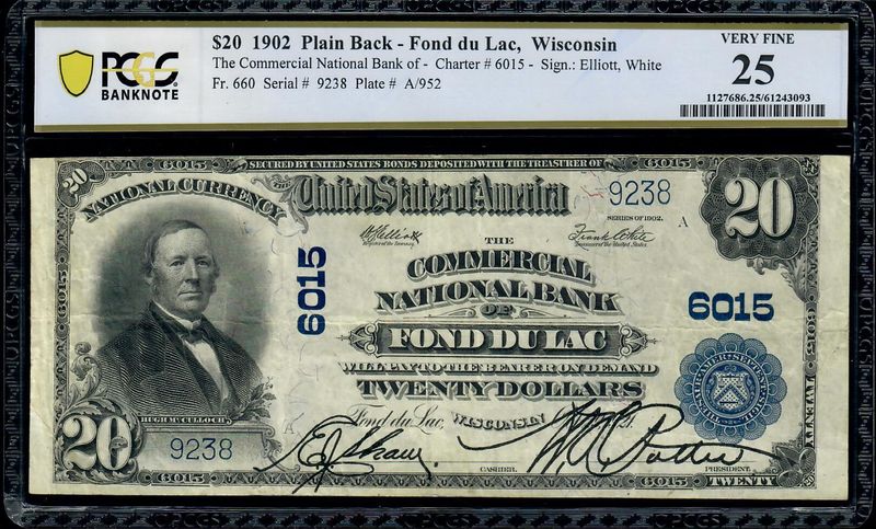 $20 1902 Commercial National Bank Of Fond Du lac, Wisconsin, PCGS 25  VF $20 1902 Commercial National Bank Of Fond Du lac, Wisconsin, PCGS 25  VF