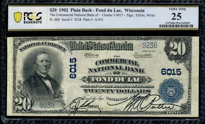 $20 1902 Commercial National Bank Of Fond Du lac, Wisconsin, PCGS 25  VF $20 1902 Commercial National Bank Of Fond Du lac, Wisconsin, PCGS 25  VF