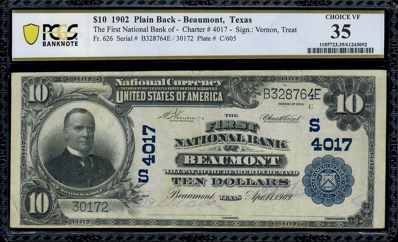 1902 $10 The First National Bank Of Beaumont , Tx PCGS 35 VF 1902 $10 The First National Bank Of Beaumont , Tx PCGS 35 VF