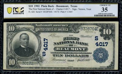 1902 $10 The First National Bank Of Beaumont , Tx PCGS 35 VF 1902 $10 The First National Bank Of Beaumont , Tx PCGS 35 VF